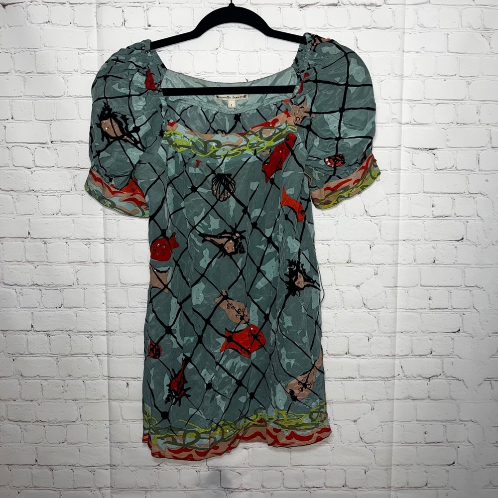 Nanette Lepore Women's Blue Fish Print Silk Puff Sleeve Square Neck Blouse Top 2